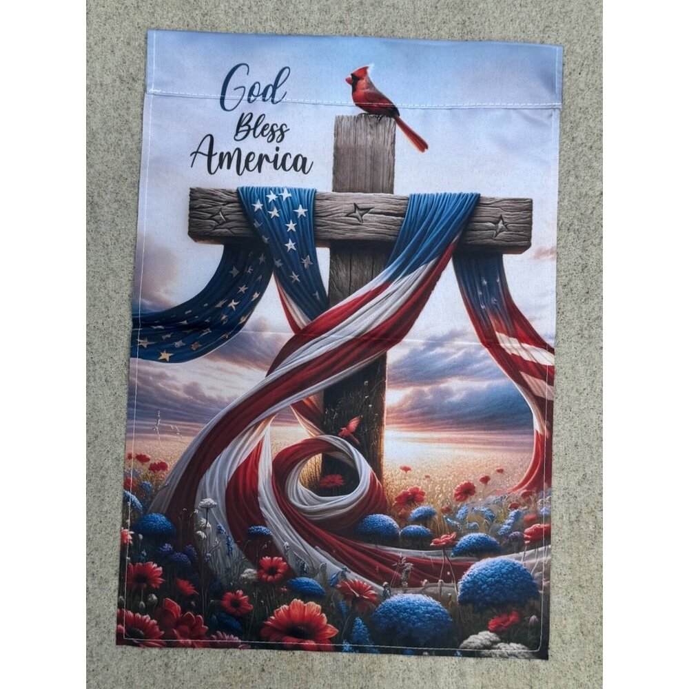 God Bless America Garden Flag_Religious, American Flag On Cross, Cardinal